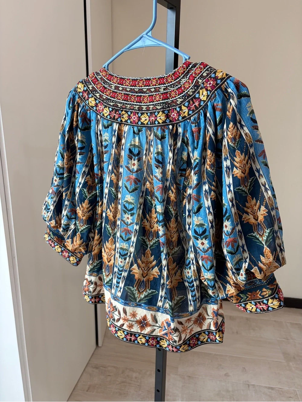 Farm Rio Blue Embroidered Tapestry Tassels Puff Sleeve Blouse